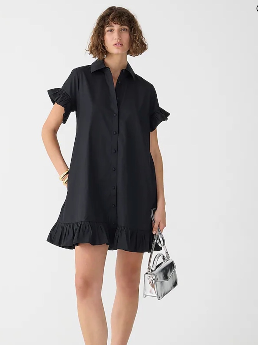 J. Crew Cotton Poplin Shirtdress Button-Front Ruffle Hem Black Dress Xs